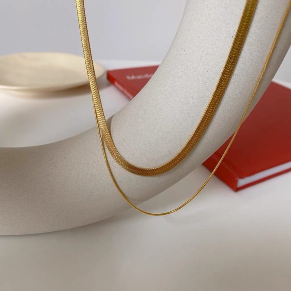 Double Herringbone Necklace, Two layered Necklaces, Gold Snake chain necklace - Picture 7 of 9